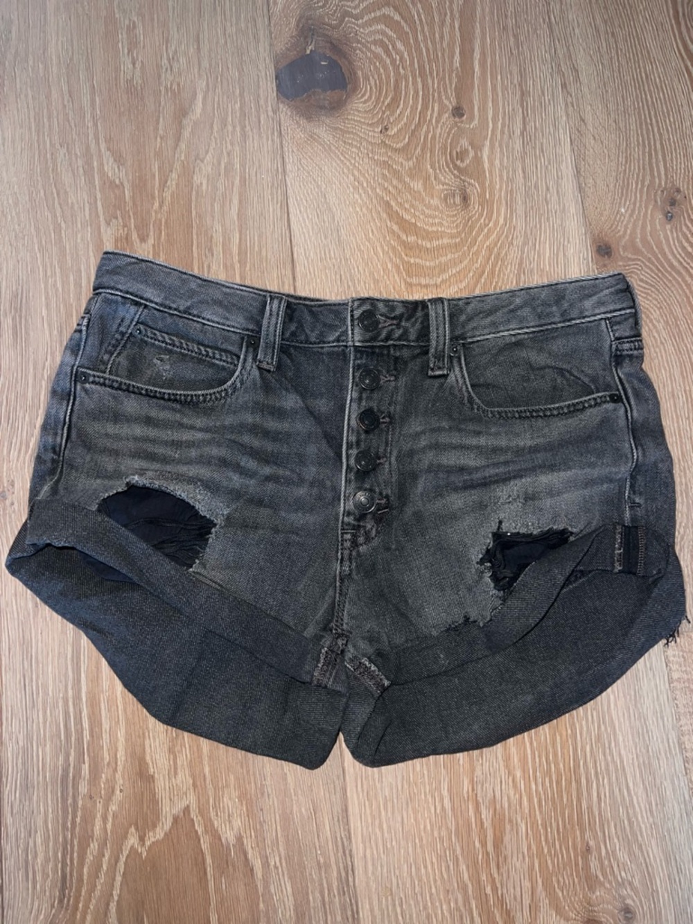 We The Free Black Washed High-Rise Distressed Denim Shorts
